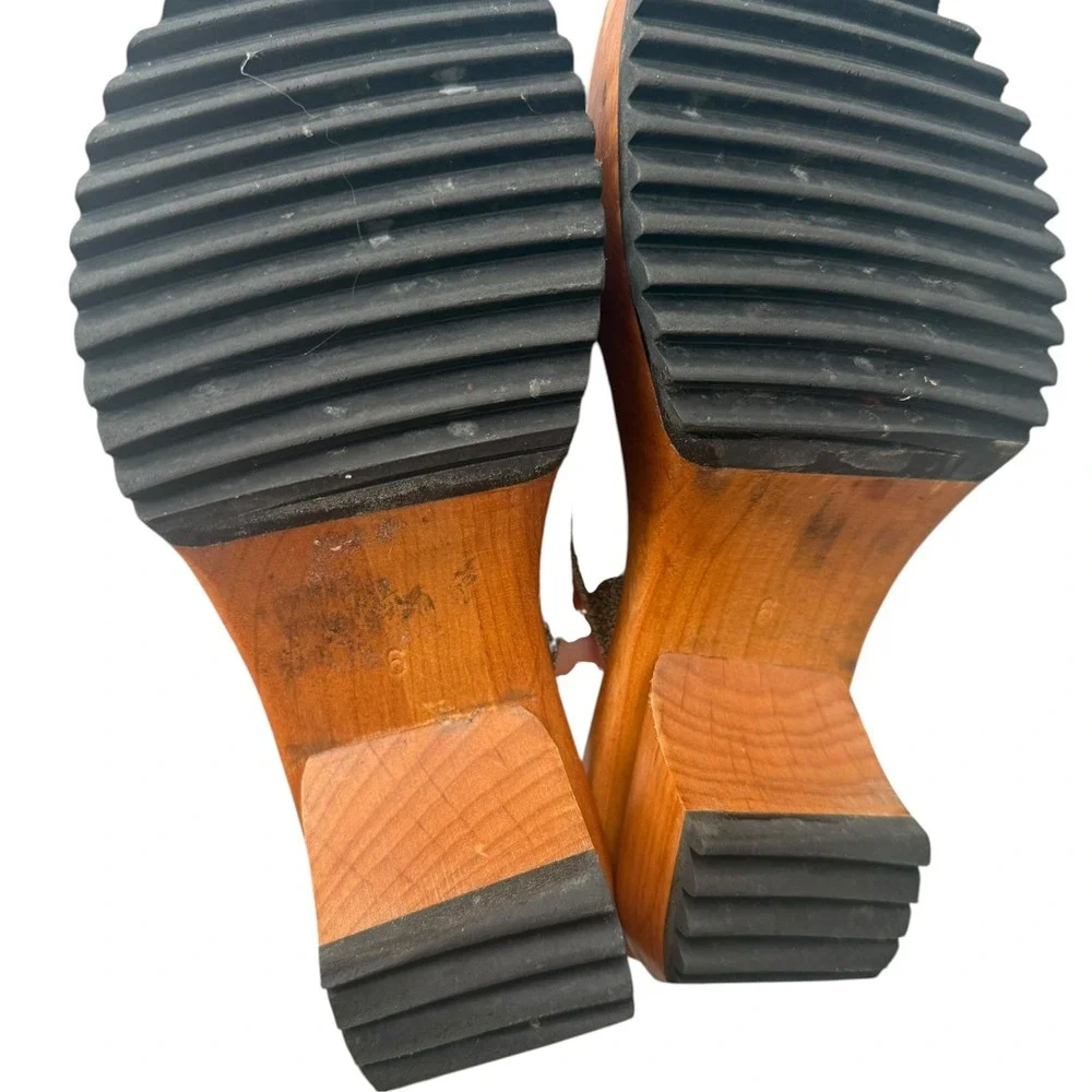 Jim Barnier Wooden Heel Clog Platform mules Tan Brown Distress Leather Size 6